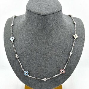 925 Solid Sterling Silver Multicolor Evil Eye Clover Necklace